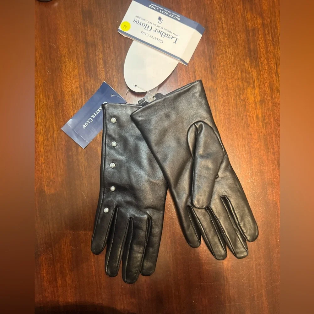 NWT Charter Club Women’s Genuine Leather Gloves Pearl Trim Gift‎ Soft Warm